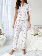 Cherry print ribbed pajama set with lace trim - View 22 | TEVQA