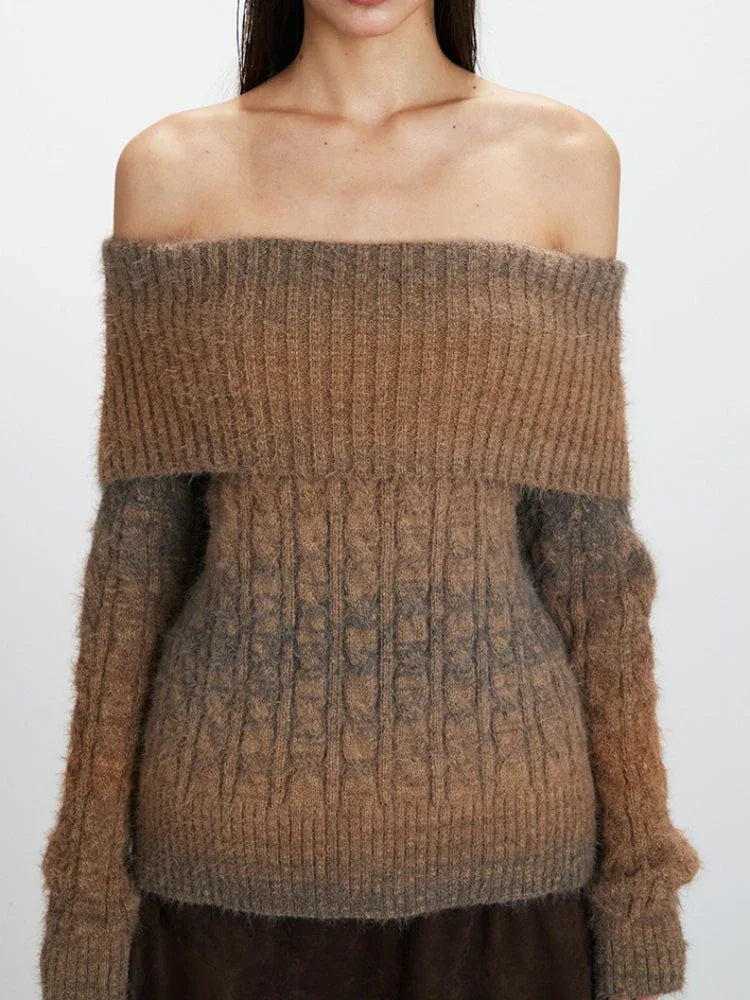 Y2K Mocha Ombre Off-Shoulder Fuzzy Knit Sweater - TEVQA