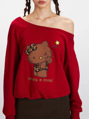 Y2K "Strike A Pose" Leopard Kitty Off-Shoulder Sweatshirt - TEVQA
