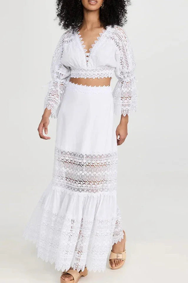 White Lace Maxi Skirt Set with Cropped Top Secondary image