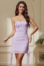 Woman wearing a strapless lavender ruched mesh mini dress with sheer draped accents.