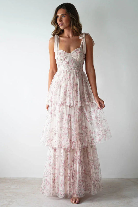 Tie Up Floral Print Tiered Maxi Dress - TEVQA