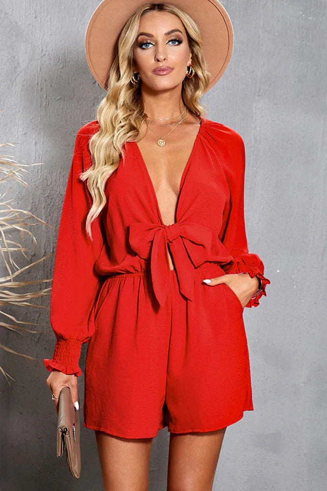 Tied Flounce Sleeve Plunge Romper - TEVQA