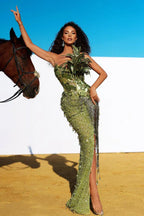 Qorow Feather Trimmed Crystal Chain Fringe Maxi Dress - View 7 | TEVQA