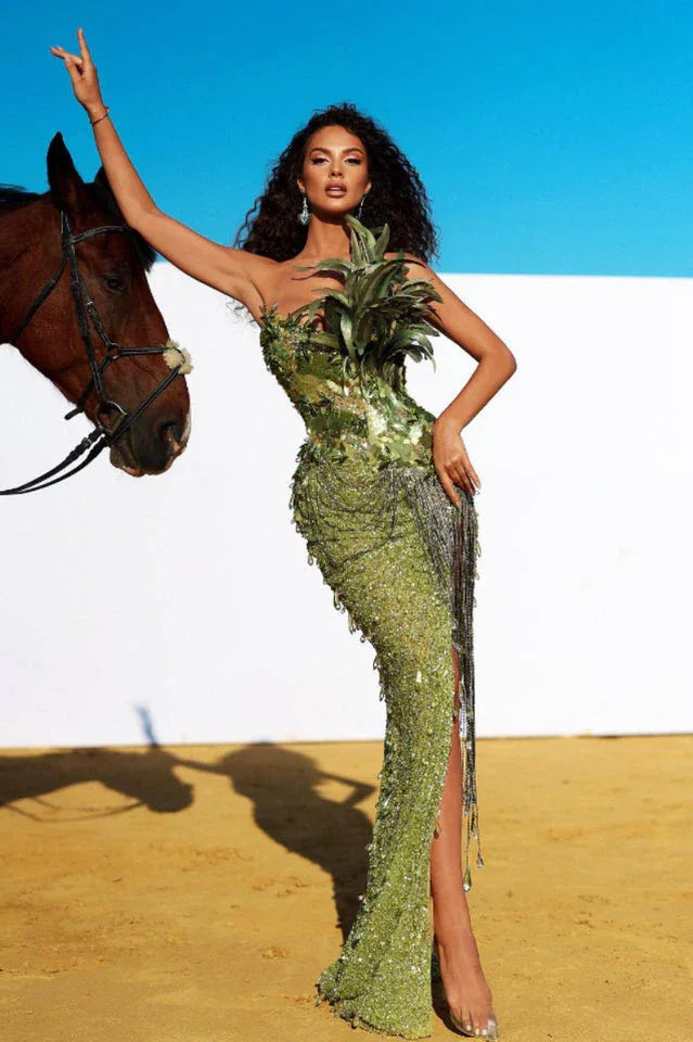 Qorow Feather Trimmed Crystal Chain Fringe Maxi Dress - View 7 | TEVQA