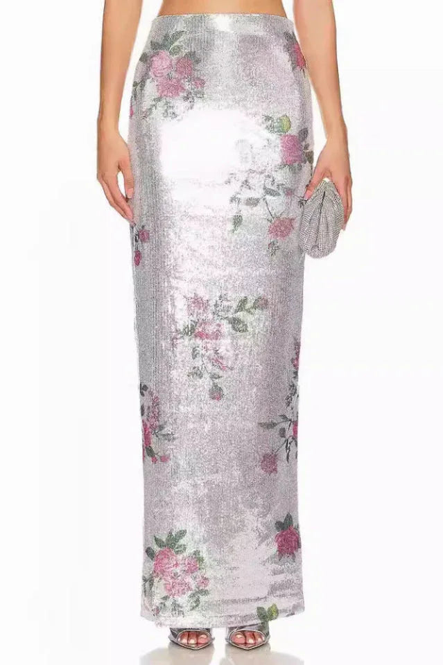 Sequin Column Skirt with Floral Detail Secondary image