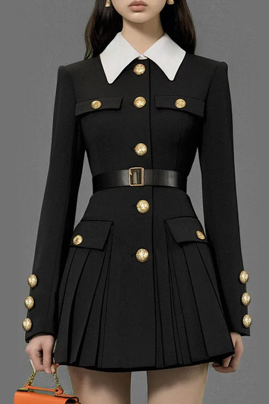 Black dress with white collar and gold buttons