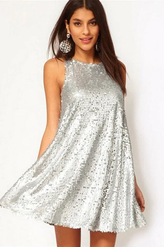 Woman wearing a sleeveless silver sequined A-line dress