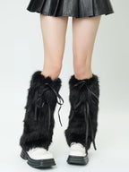 Faux fur leg warmers with satin ribbon ties - View 10 | TEVQA