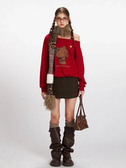 Y2K "Strike A Pose" Leopard Kitty Off-Shoulder Sweatshirt - TEVQA