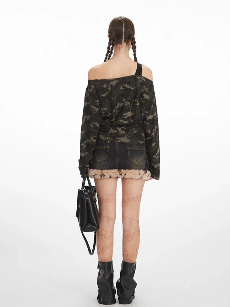 Y2K Grunge Camo Asymmetrical Long Sleeve Top - TEVQA