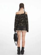Y2K Grunge Camo Asymmetrical Long Sleeve Top - TEVQA