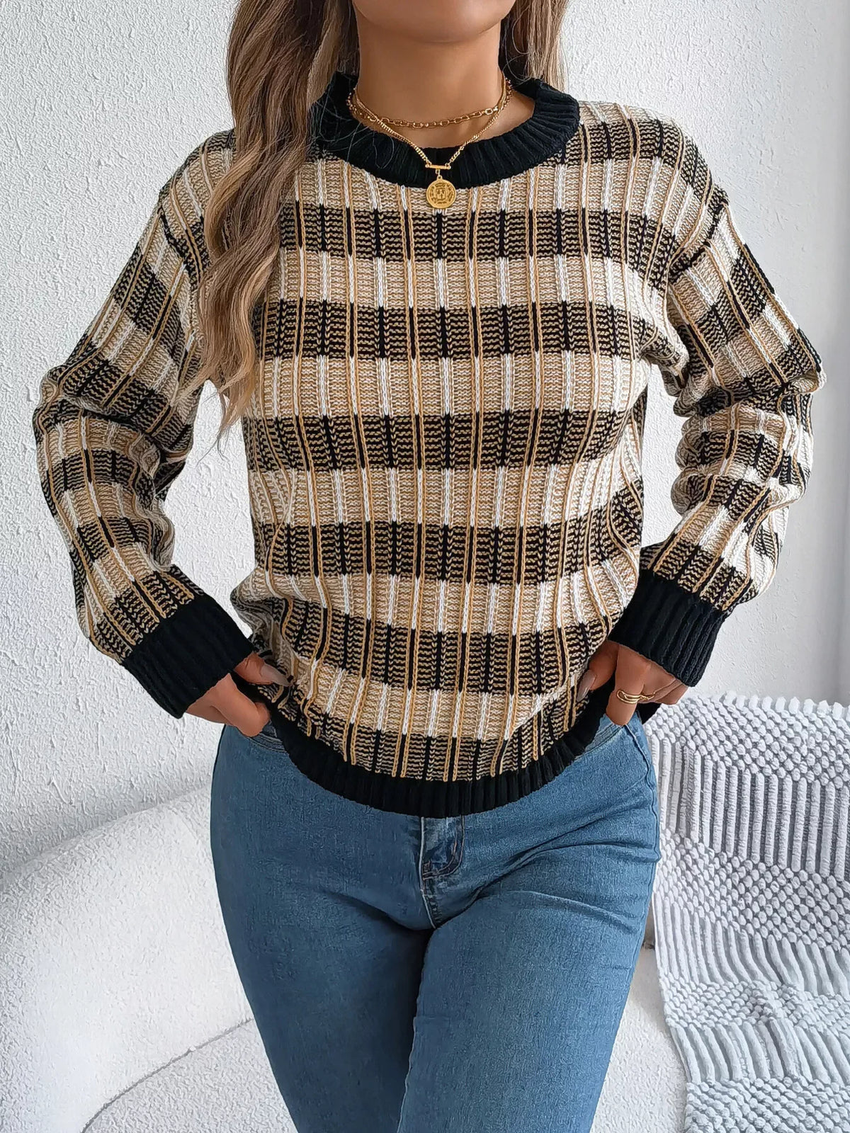 Vintage Lantern Sleeve Knit Sweater - Burgundy - TEVQA