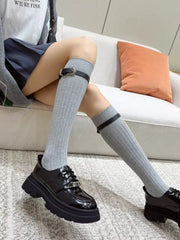 Ribbed Knee High Socks with Buckle Strap Black Preppy Style