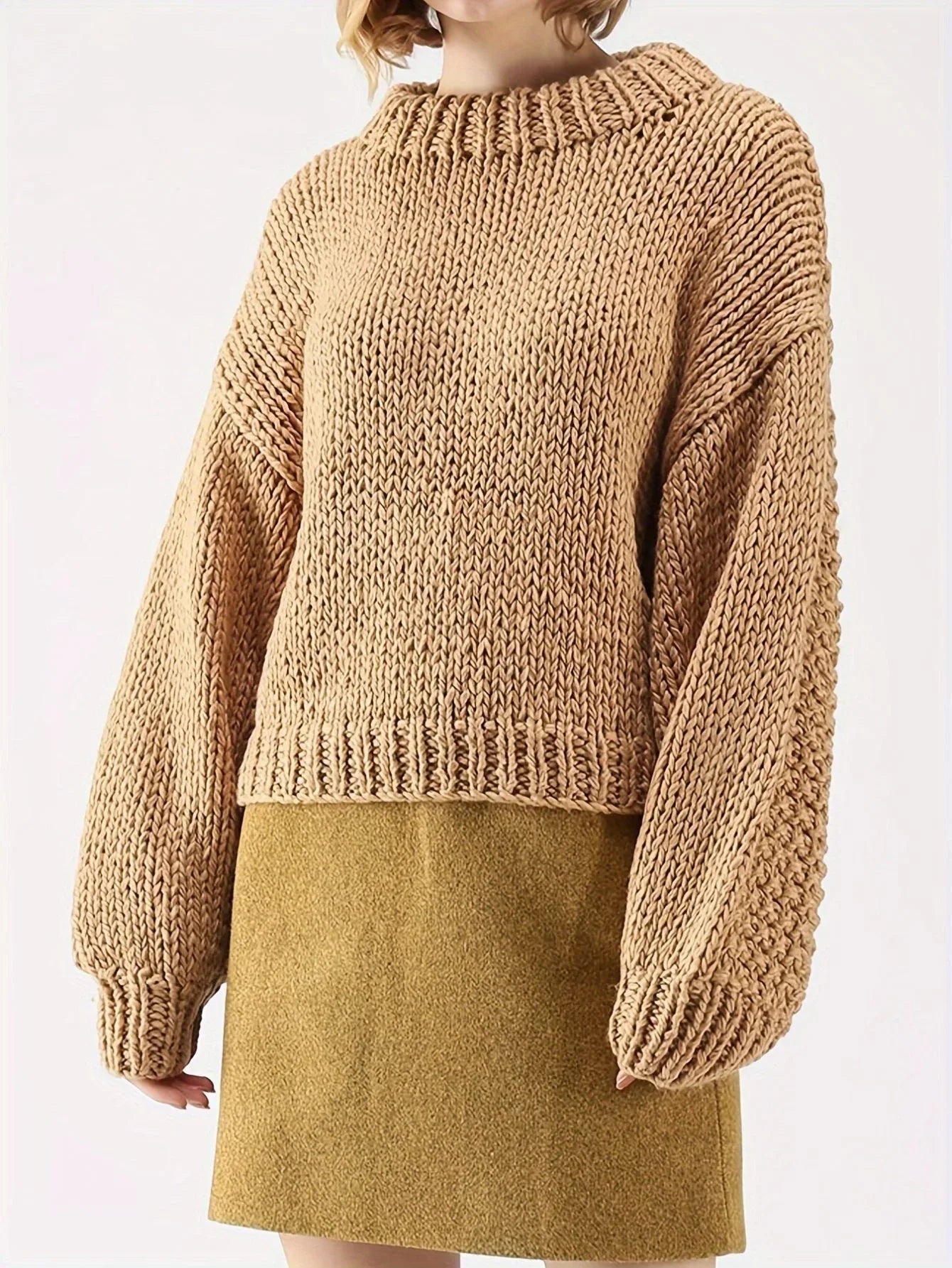 Vintage Mustard Chunky Knit Lantern Sleeve Sweater - TEVQA