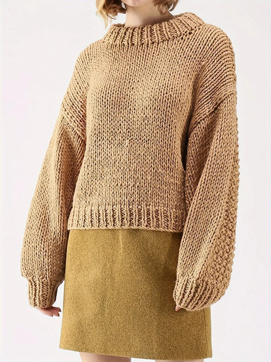 Vintage Mustard Chunky Knit Lantern Sleeve Sweater - TEVQA