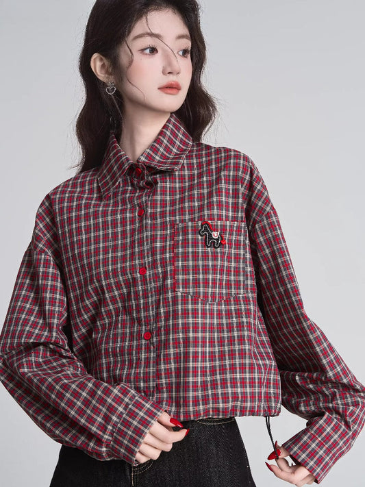 Red Plaid Drop Shoulder Cropped Button Shirt