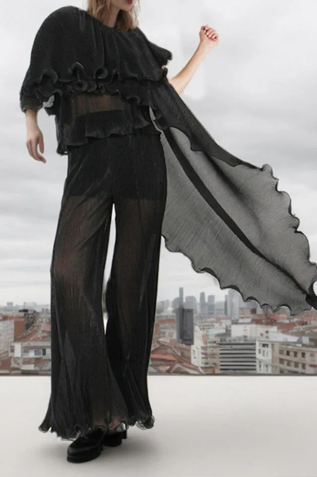 Ruffled Chiffon Top & Wide-Leg Pants Set Secondary image