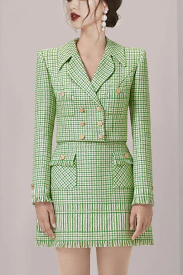 Textured Double Breasted Blazer & Skirt Set - TEVQA Main image