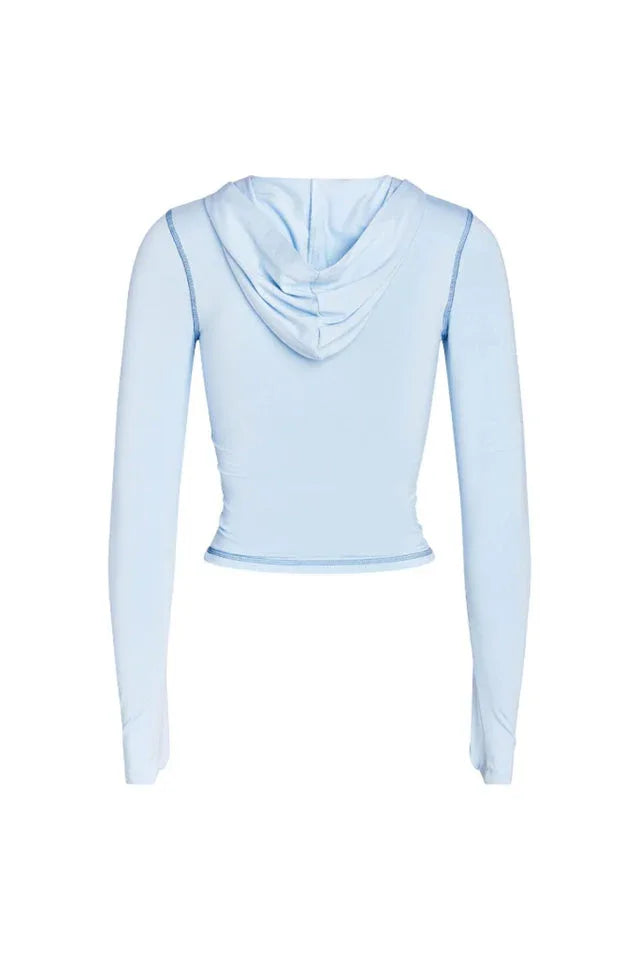 Fitted knit hoodie and trackpant set with V-neckline and thumbholes - View 30 | TEVQA