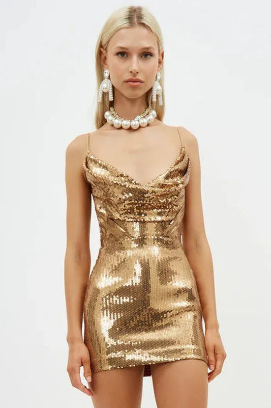 Strappy Drape Sequin Mini Dress - TEVQA