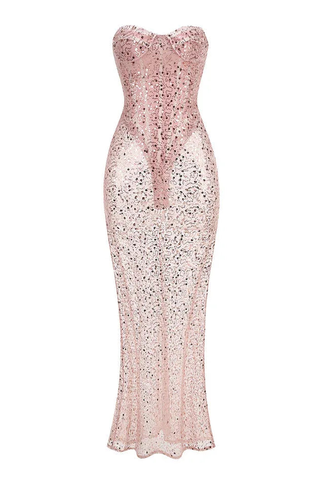 Pink sequined strapless gown with a sheer overlay.