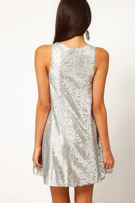 Back view of a woman in a silver sequined dress