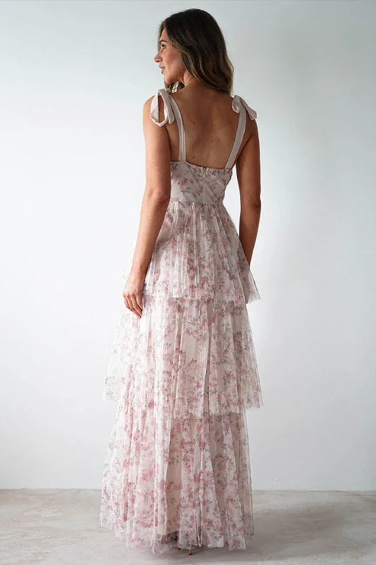 Tie Up Floral Print Tiered Maxi Dress - TEVQA