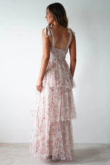 Tie Up Floral Print Tiered Maxi Dress - TEVQA