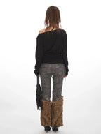Vintage Black Textured Off-Shoulder Slouchy Top - TEVQA