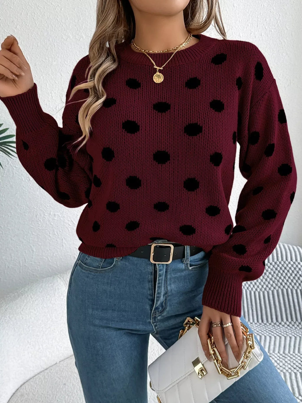 Camel Polka Dot Knit Sweater - View 8 | TEVQA