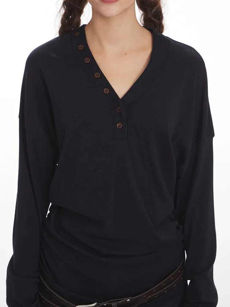 Asymmetric Button Draped Longline Tunic Top - View 6 | TEVQA
