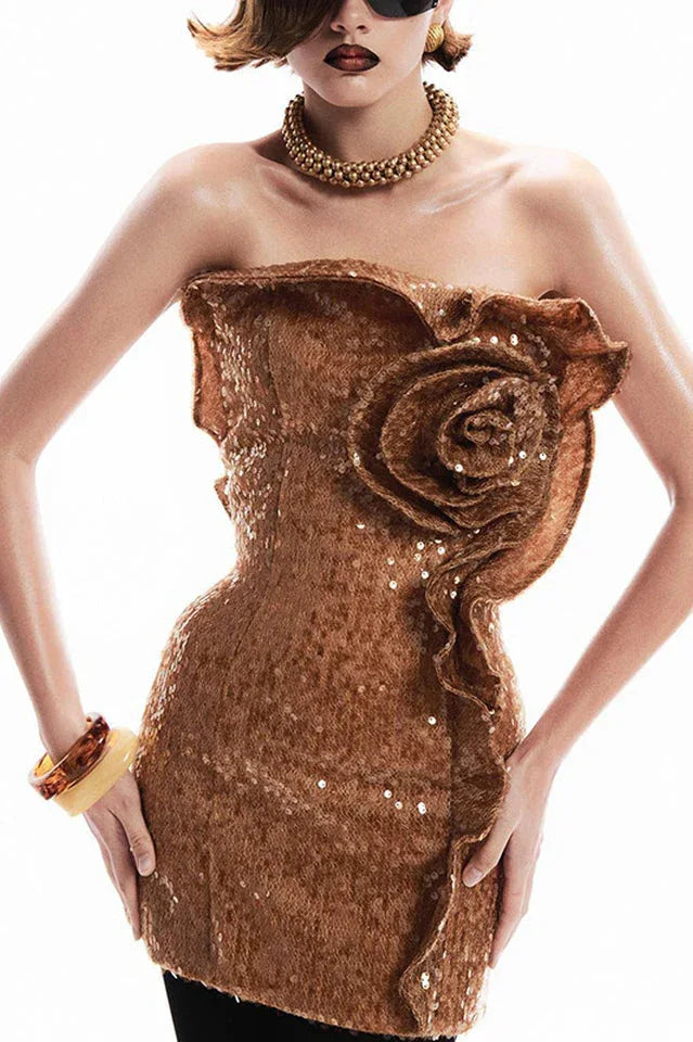 Strapless Sequin Floral Ruffle Dress - TEVQA