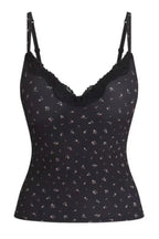 Black floral print camisole with adjustable straps and lace trim