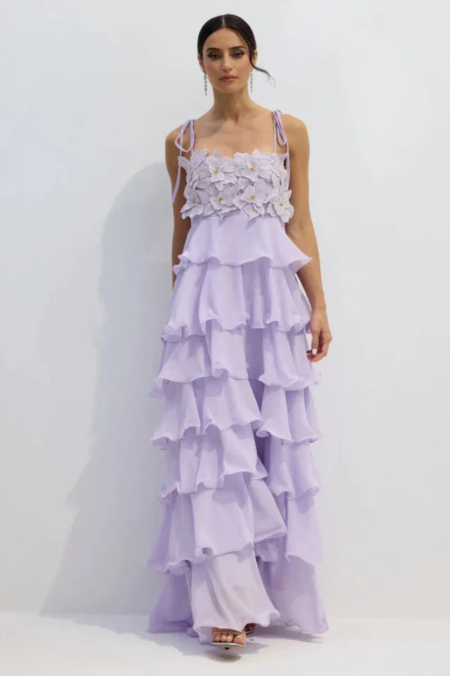 Clara Diamante Flower Tiered Slip Dress - View 7 | TEVQA