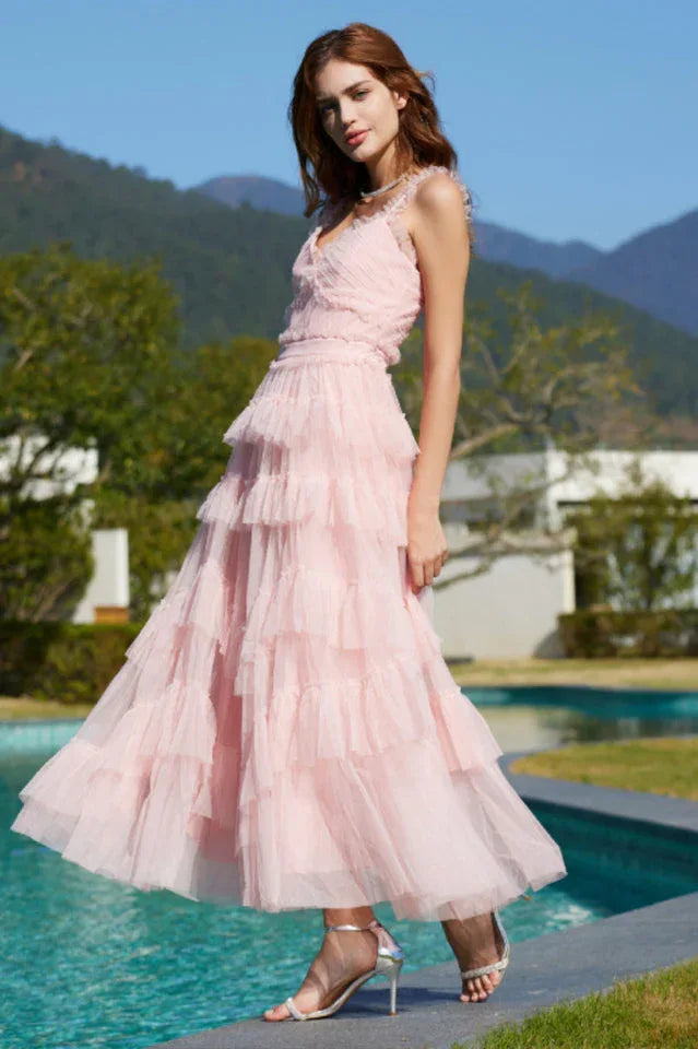 Tiered Tulle V-Neck Evening Dress Secondary image