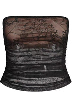 Close-up of a black strapless lace tube top with a floral pattern.
