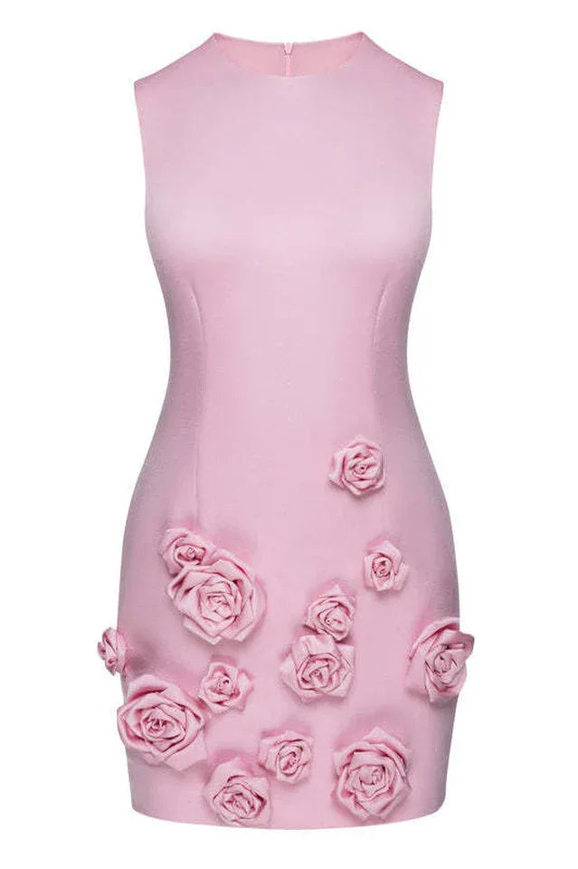 Rose embellished round neck cady mini dress - View 6 | TEVQA