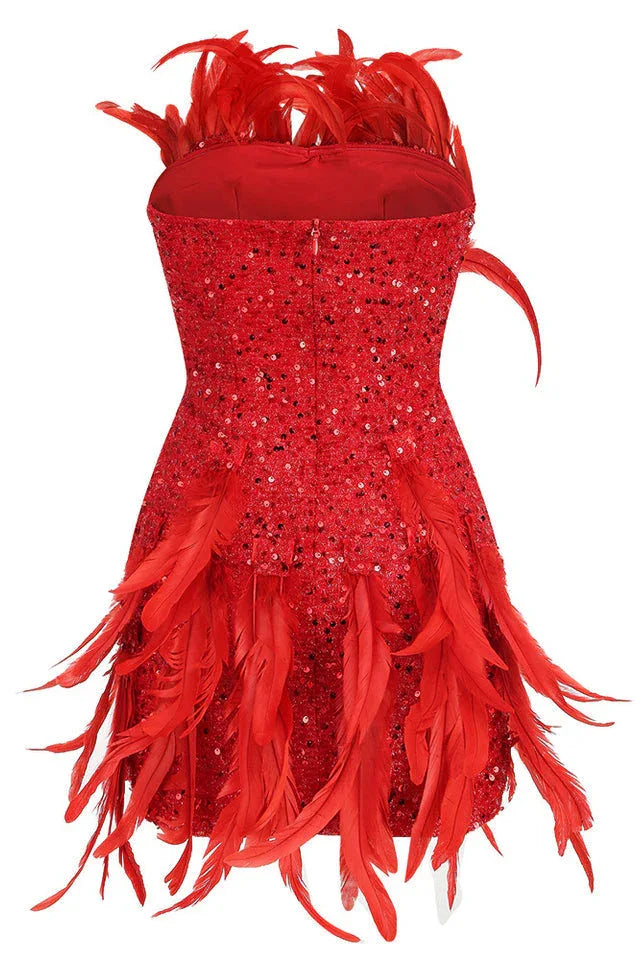Back view of a red sequined mini dress with feather trim