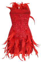 Back view of a red sequined mini dress with feather trim