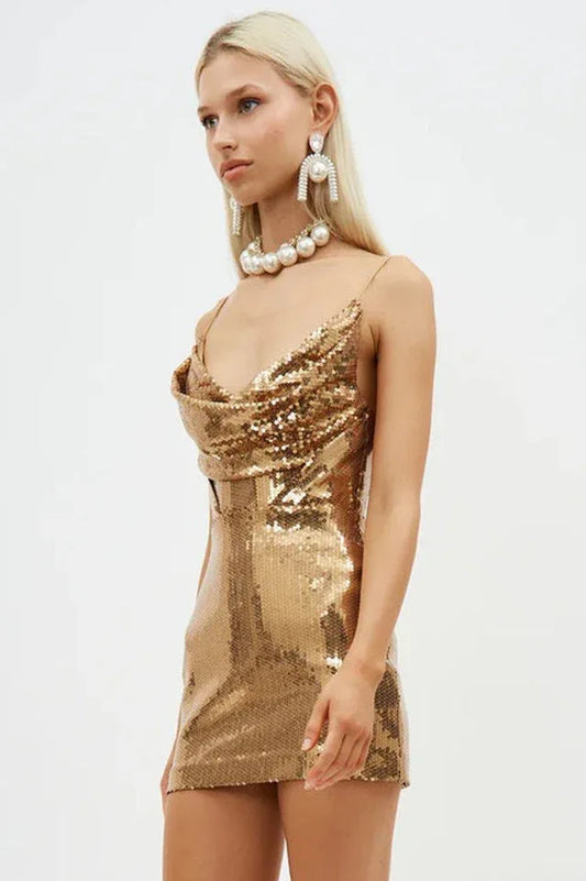 Strappy Drape Sequin Mini Dress - TEVQA