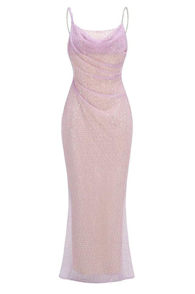 A sparkling lavender floor-length gown with a cowl neckline and spaghetti straps, front studio shot.