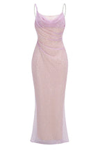 A sparkling lavender floor-length gown with a cowl neckline and spaghetti straps, front studio shot.