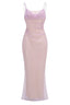 A sparkling lavender floor-length gown with a cowl neckline and spaghetti straps, front studio shot.