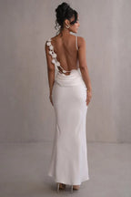 Elegant satin maxi gown with floral trim - View 8 | TEVQA