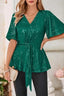 Green sequined V-neck top with flutter sleeves and tie-front detail