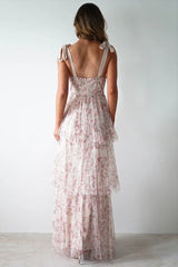 Tie Up Floral Print Tiered Maxi Dress - TEVQA