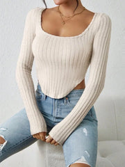 Ribbed cream beige long sleeve square neck crop top - View 6 | TEVQA