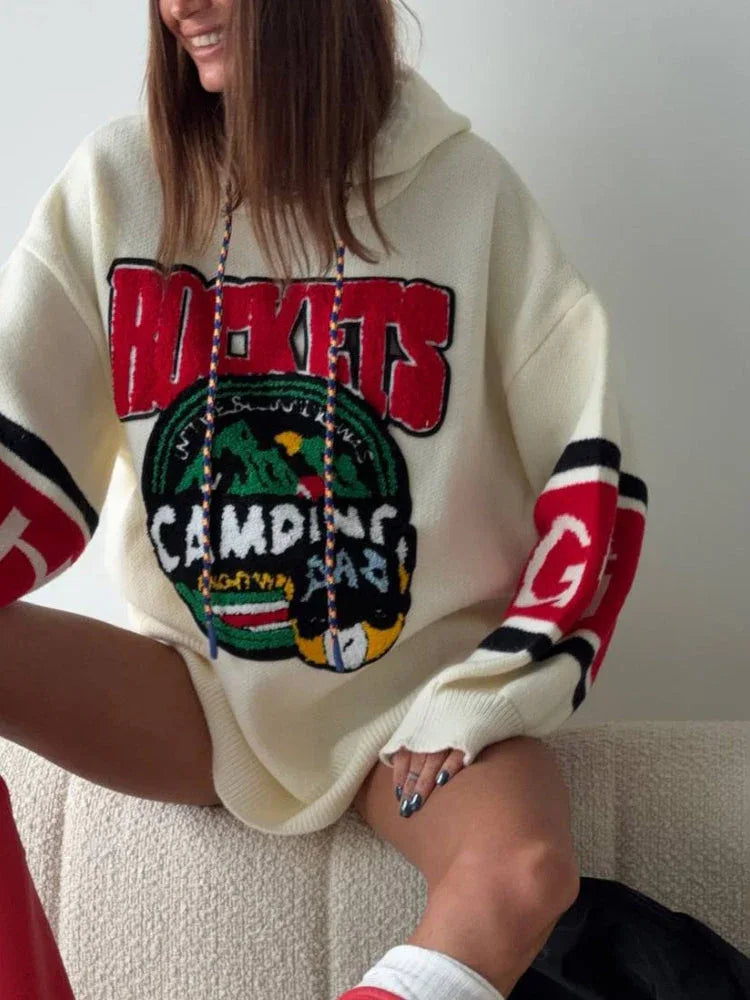 Oversized knit hoodie with graphic print and hood - View 8 | TEVQA