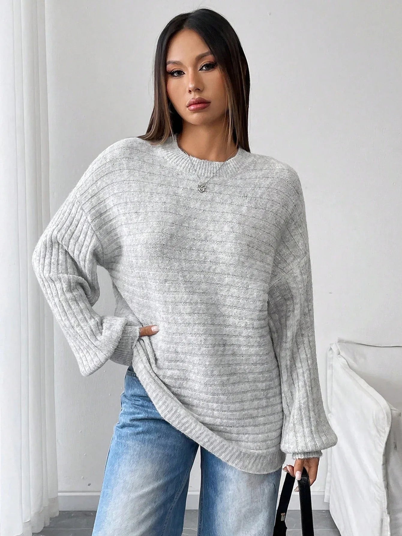 Cloud Grey Ribbed Knit Lantern Sleeve Sweater - View 6 | TEVQA